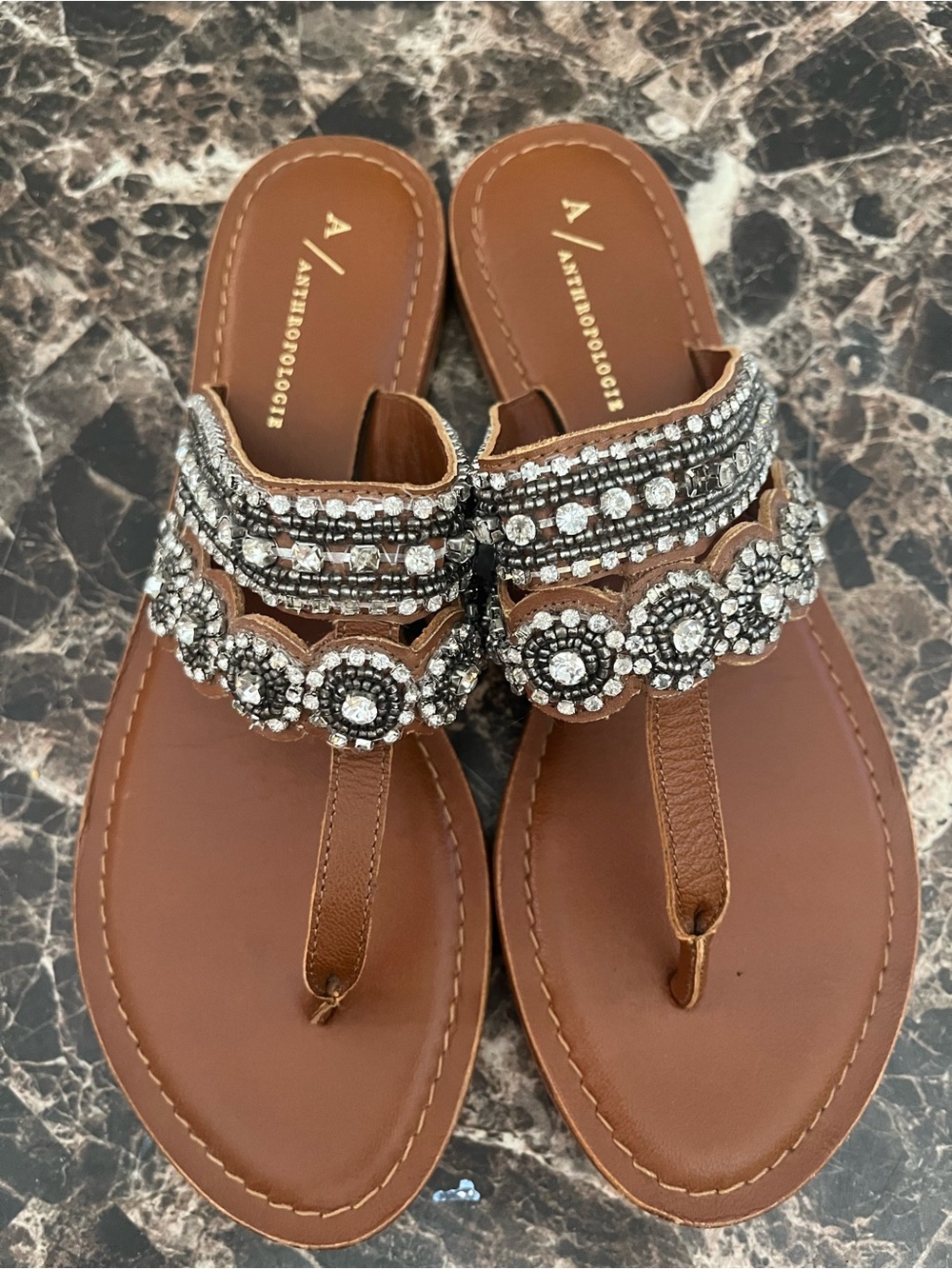 Anthropologie Brown Leather Crystal-Embellished T-Strap Sandals